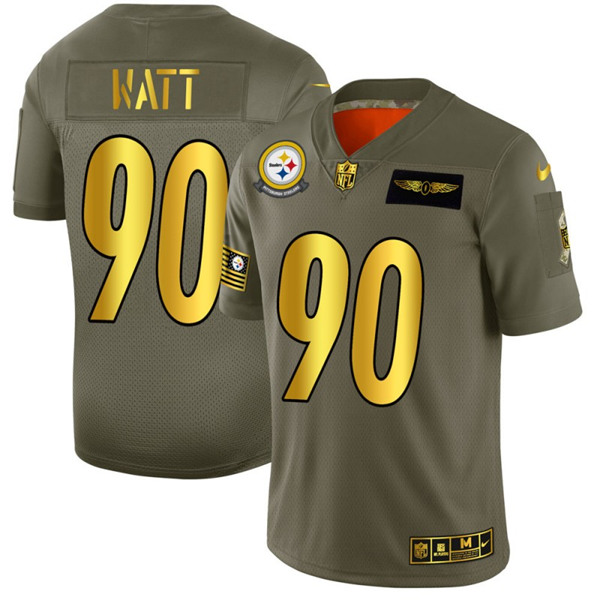 Men's Pittsburgh Steelers #90 T. J. Watt 2019 Olive/Gold Salute To Service Limited Stitched Jersey